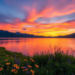 A serene landscape depicting a stunning sunset over a calm lake, with vibrant hues of orange, pink, and purple reflecting on the water's surface