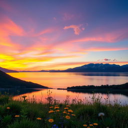 A serene landscape depicting a stunning sunset over a calm lake, with vibrant hues of orange, pink, and purple reflecting on the water's surface
