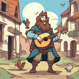 An epic comic book-style illustration of a zany fantasy bard