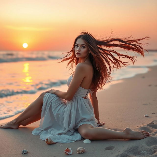 A beautiful, artistic portrayal of a serene beach scene during sunset, featuring two women, with flowing long hair, gracefully posing in an artistic manner