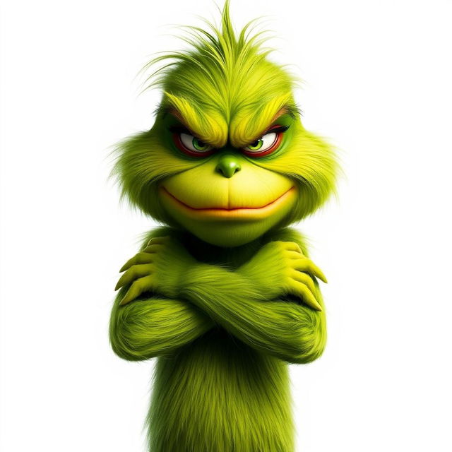 A realistic representation of a grumpy Grinch on a plain white background