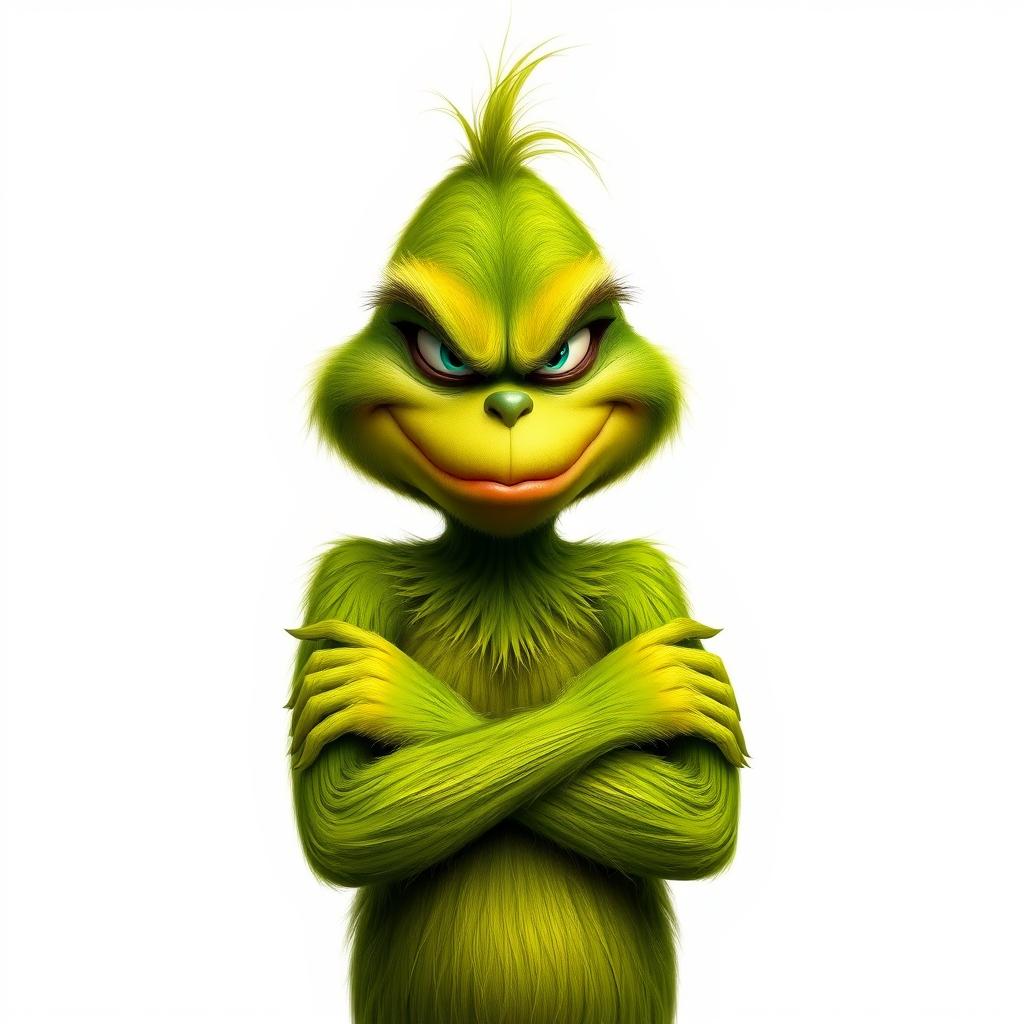 A realistic representation of a grumpy Grinch on a plain white background