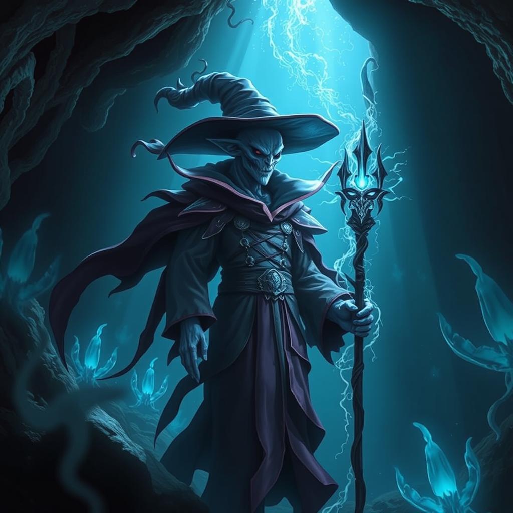 A sinister blue humanoid creature living underwater, dressed in elaborate mage clothes and a flowing mage hat