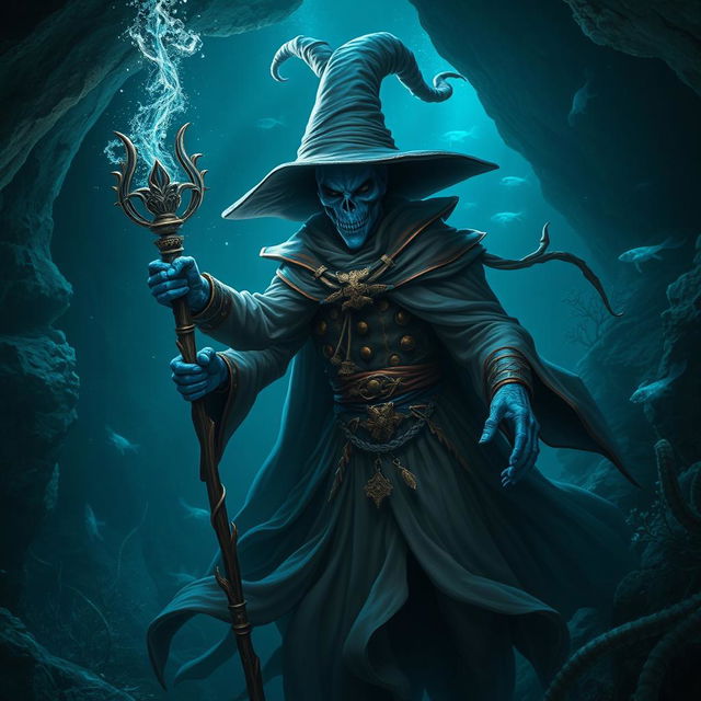 A sinister blue humanoid creature living underwater, dressed in elaborate mage clothes and a flowing mage hat