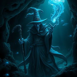 A sinister blue humanoid creature living underwater, dressed in elaborate mage clothes and a flowing mage hat
