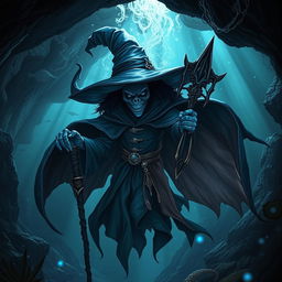 A sinister blue humanoid creature living underwater, dressed in elaborate mage clothes and a flowing mage hat