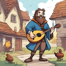 An epic comic book-style illustration of a zany fantasy bard