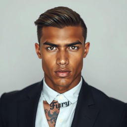 A portrait of a 23-year-old tall and broad-shouldered young man with bronze skin