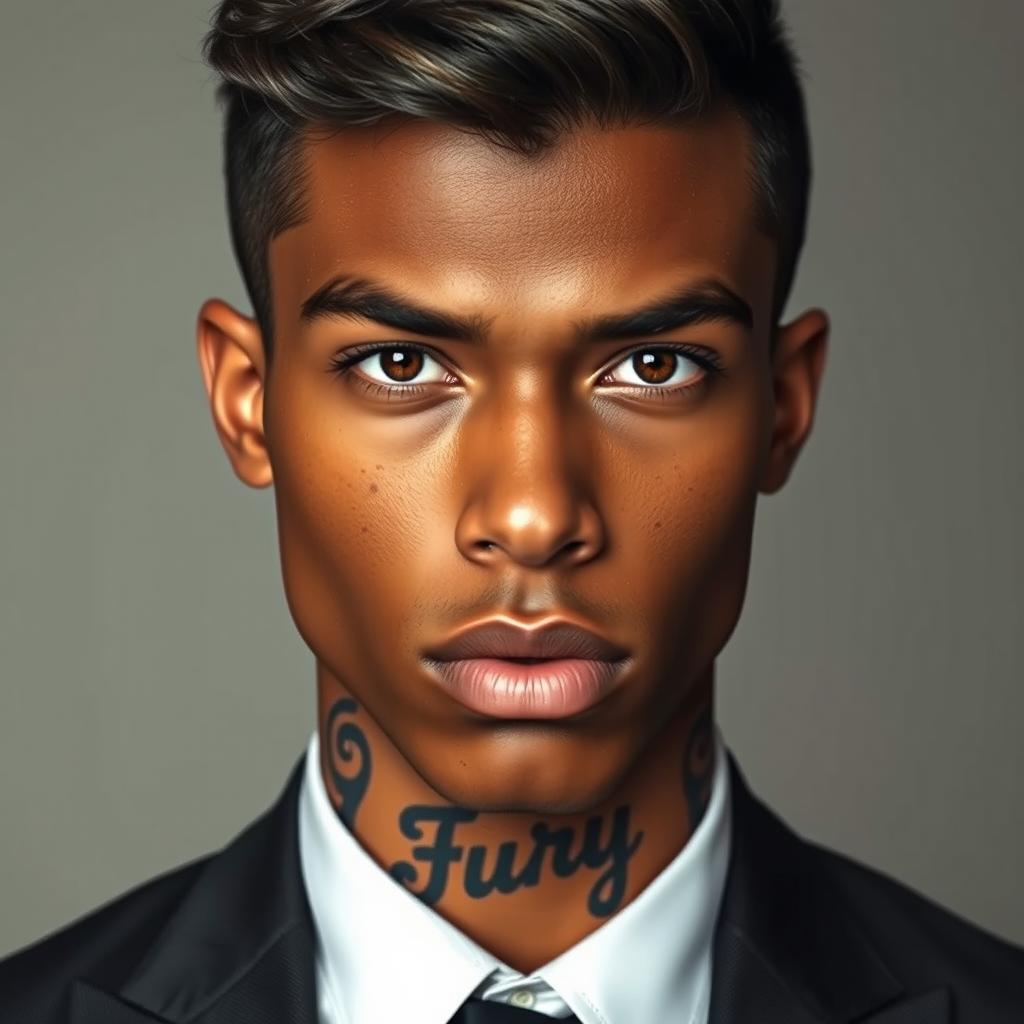 A portrait of a 23-year-old tall and broad-shouldered young man with bronze skin