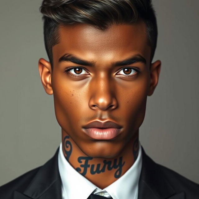 A portrait of a 23-year-old tall and broad-shouldered young man with bronze skin