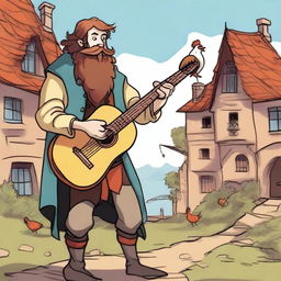 An epic comic book-style illustration of a zany fantasy bard