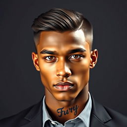 A portrait of a 23-year-old tall and broad-shouldered young man with bronze skin