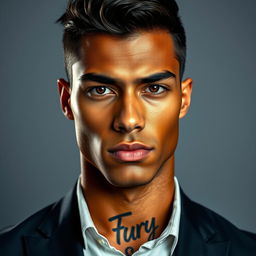 A portrait of a 23-year-old tall and broad-shouldered young man with bronze skin