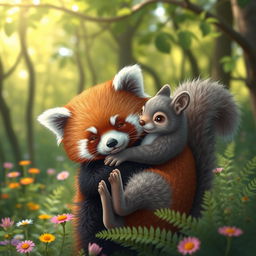 A red panda being lovingly cradled in the arms of a cute, fluffy squirrel