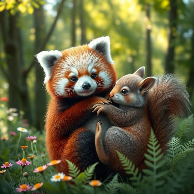 A red panda being lovingly cradled in the arms of a cute, fluffy squirrel