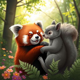 A red panda being lovingly cradled in the arms of a cute, fluffy squirrel