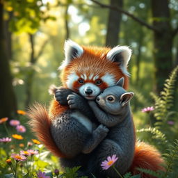 A red panda being lovingly cradled in the arms of a cute, fluffy squirrel