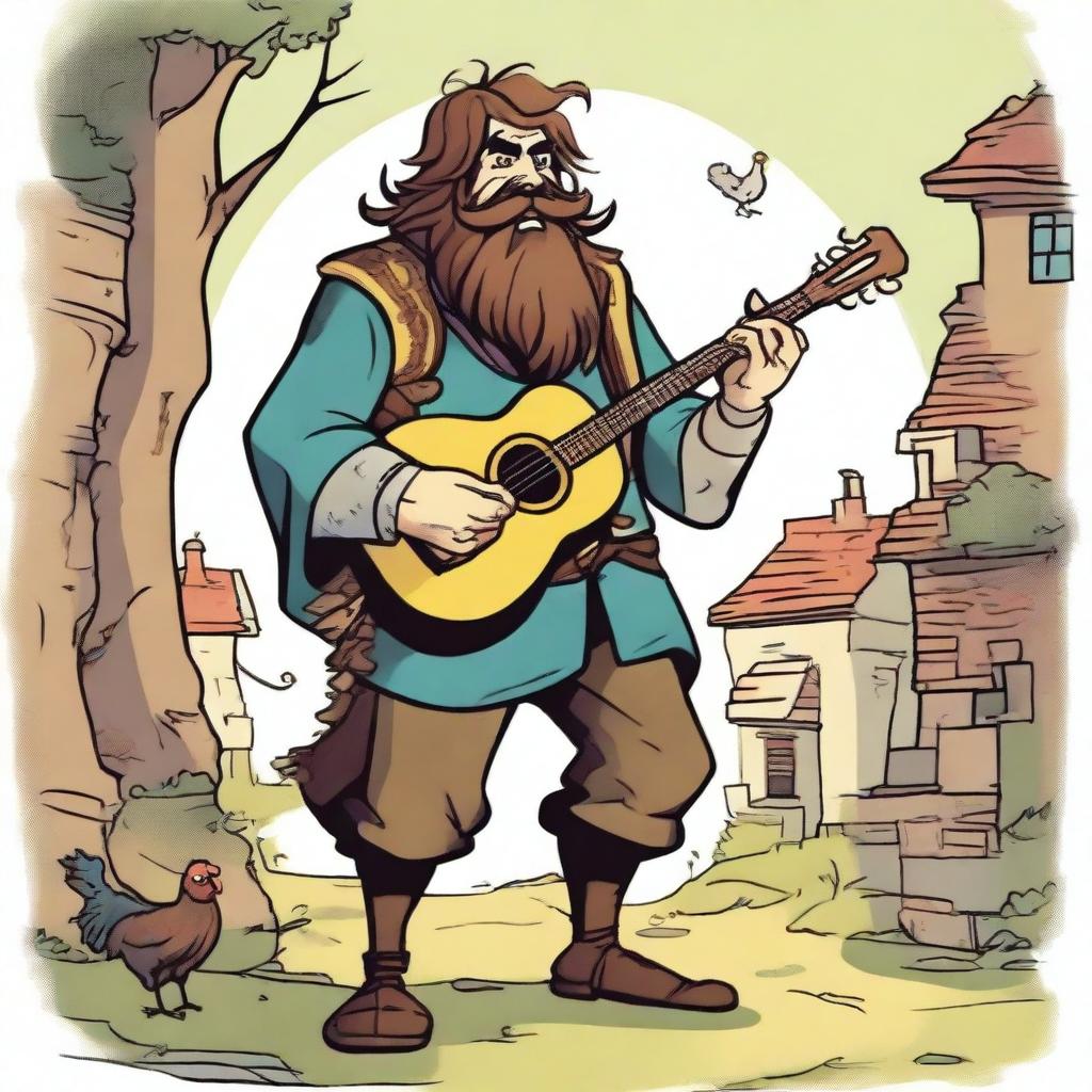 An epic comic book-style illustration of a zany fantasy bard