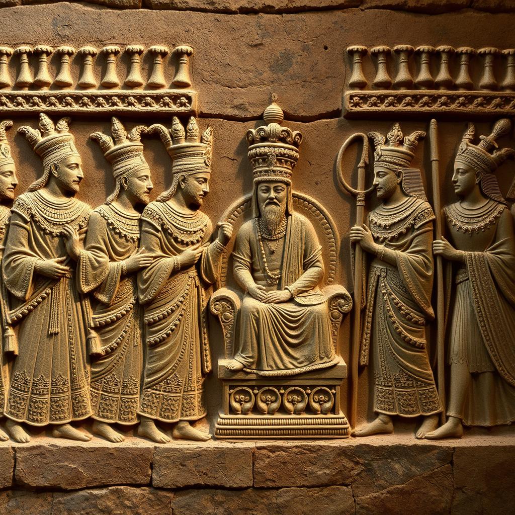 An ancient relief or carving depicting a majestic procession of figures