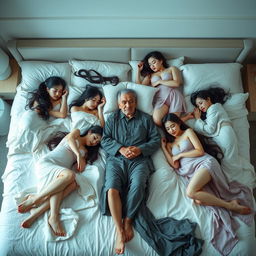A serene bedroom scene featuring ten beautiful South Korean women, all elegantly and sensually posed as they sleep peacefully on a plush bed