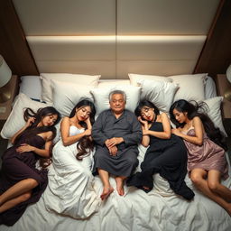 A serene bedroom scene featuring ten beautiful South Korean women, all elegantly and sensually posed as they sleep peacefully on a plush bed