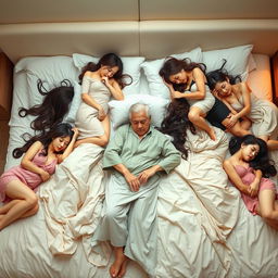 A serene bedroom scene featuring ten beautiful South Korean women, all elegantly and sensually posed as they sleep peacefully on a plush bed