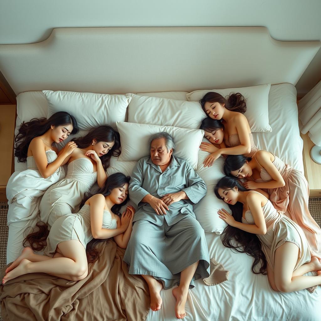 A serene bedroom scene featuring ten beautiful South Korean women, all elegantly and sensually posed as they sleep peacefully on a plush bed