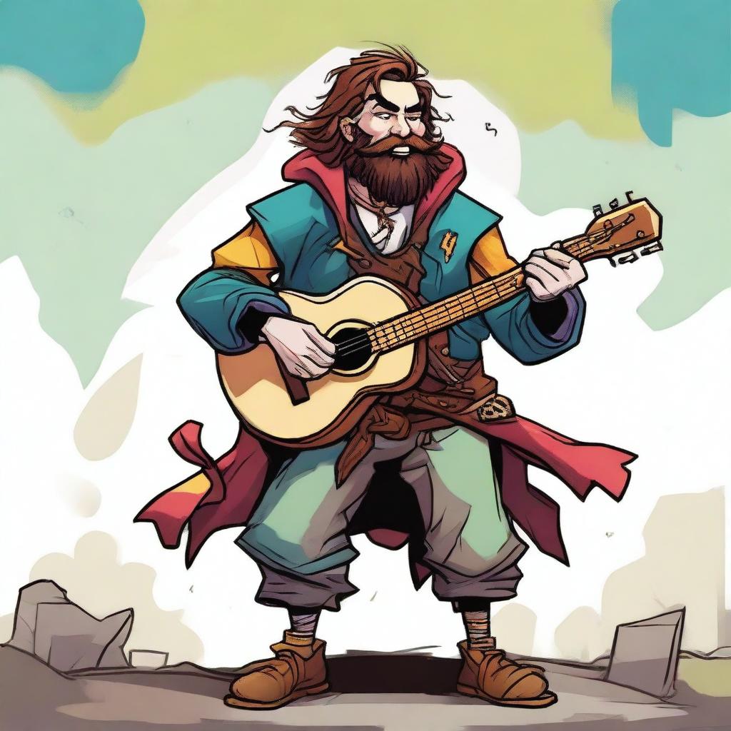 An epic, high-quality illustration of a zany, homeless bard character from a fantasy DnD setting