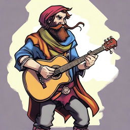 An epic, high-quality illustration of a zany, homeless bard character from a fantasy DnD setting