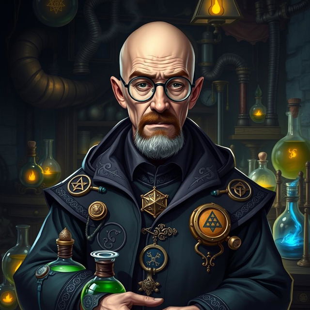 A character inspired by Walter White from Breaking Bad, transformed into a Dungeons & Dragons alchemist