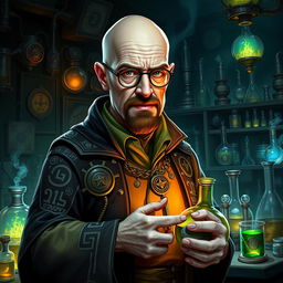 A character inspired by Walter White from Breaking Bad, transformed into a Dungeons & Dragons alchemist