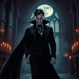 A menacing yet charismatic portrayal of Dracula, standing in a grand, dimly lit castle with gothic architecture