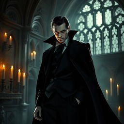 A menacing yet charismatic portrayal of Dracula, standing in a grand, dimly lit castle with gothic architecture