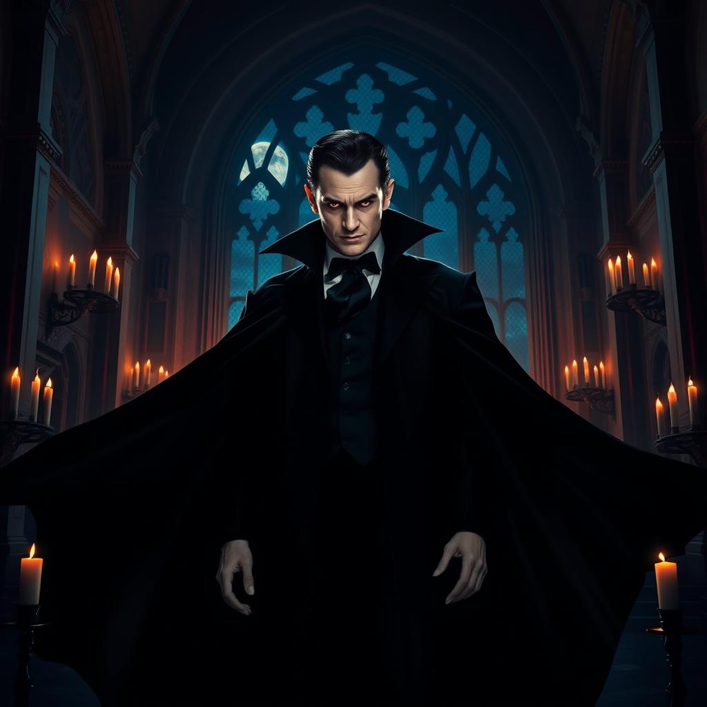 A menacing yet charismatic portrayal of Dracula, standing in a grand, dimly lit castle with gothic architecture