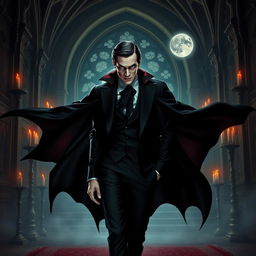 A menacing yet charismatic portrayal of Dracula, standing in a grand, dimly lit castle with gothic architecture