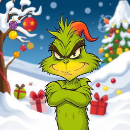 A cartoon-style image of a grumpy Grinch with a scowl on his face, showcasing his signature green fur and angry expression