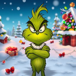 A cartoon-style image of a grumpy Grinch with a scowl on his face, showcasing his signature green fur and angry expression