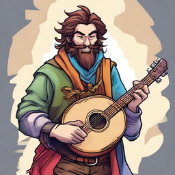 An epic, high-quality illustration of a zany, homeless bard character from a fantasy DnD setting