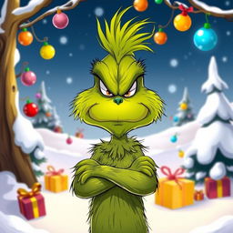 A cartoon-style image of a grumpy Grinch with a scowl on his face, showcasing his signature green fur and angry expression