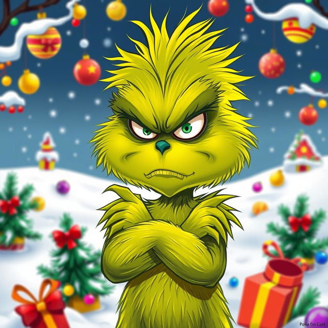 A cartoon-style image of a grumpy Grinch with a scowl on his face, showcasing his signature green fur and angry expression