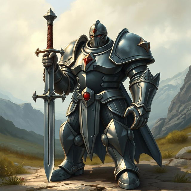 A fully armoured individual resembling Alphonse Elric from Fullmetal Alchemist, featuring a greatsword in hand, standing with broad limbs and a barreled torso