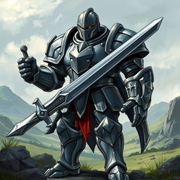 A fully armoured individual resembling Alphonse Elric from Fullmetal Alchemist, featuring a greatsword in hand, standing with broad limbs and a barreled torso