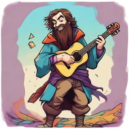 An epic, high-quality illustration of a zany, homeless bard character from a fantasy DnD setting