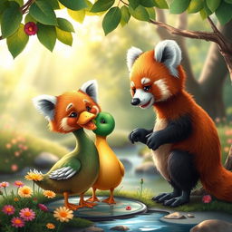 A whimsical and heartwarming scene depicting a red panda and a duck in a picturesque forest setting