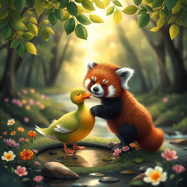 A whimsical and heartwarming scene depicting a red panda and a duck in a picturesque forest setting