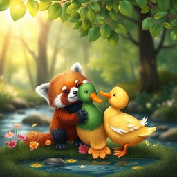 A whimsical and heartwarming scene depicting a red panda and a duck in a picturesque forest setting