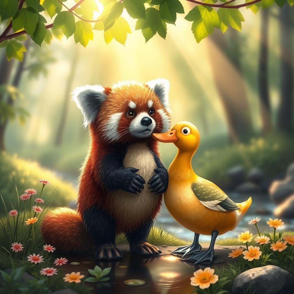 A whimsical and heartwarming scene depicting a red panda and a duck in a picturesque forest setting