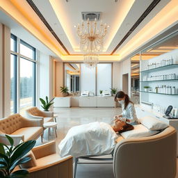 A luxurious beauty clinic interior featuring elegant decor, soft ambient lighting, and modern furnishings