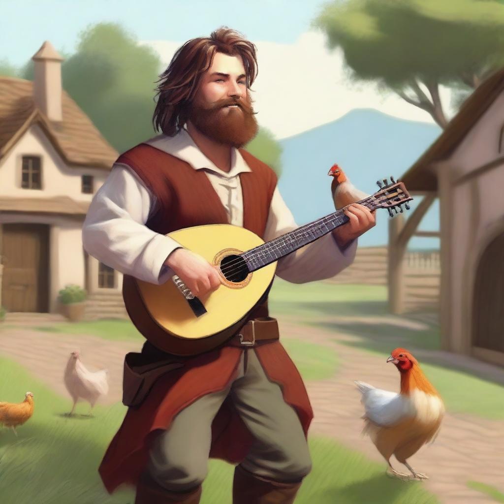 This is a high-quality digital art image of a scruffy bard with brown hair and a pale beard