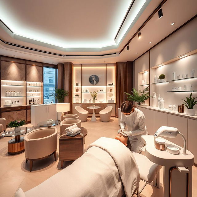 A luxurious beauty clinic interior featuring elegant decor, soft ambient lighting, and modern furnishings